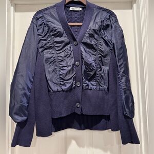 Zara Navy Blue Mixed-Media Cardigan Sweater